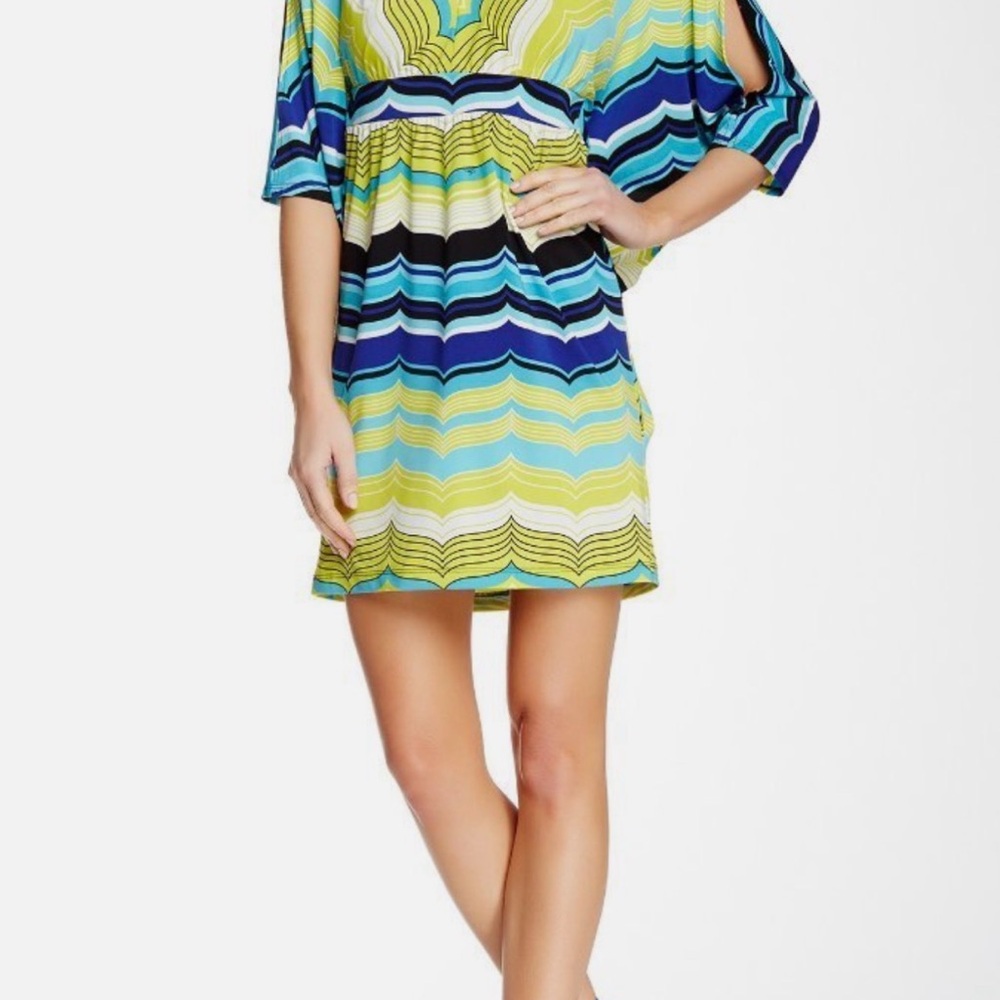 Trina Turk green multi jersey kaftan seren empire waste dress size large